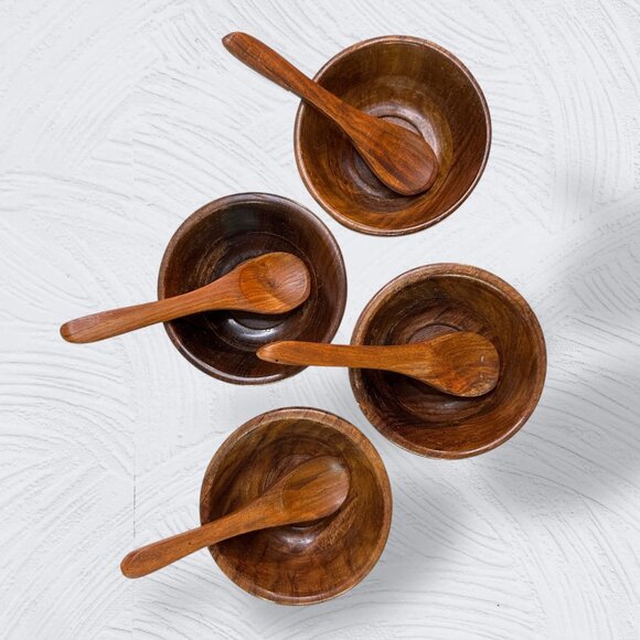Sheesham Hand-Crafted Wooden Bowls Matching Spoons Set Of 4 With Floral Inlay De - Picture 4 of 16
